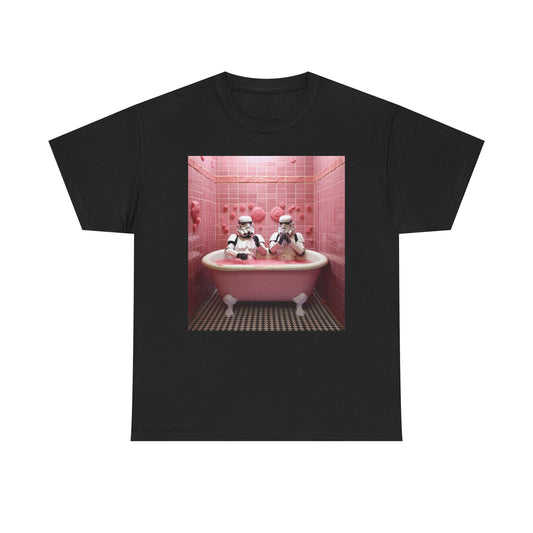Chic black t-shirt showcasing a humorous graphic of Stormtroopers in a pink bathtub, surrounded by a lush pink interior, ideal for those appreciating unique and stylish apparel.
