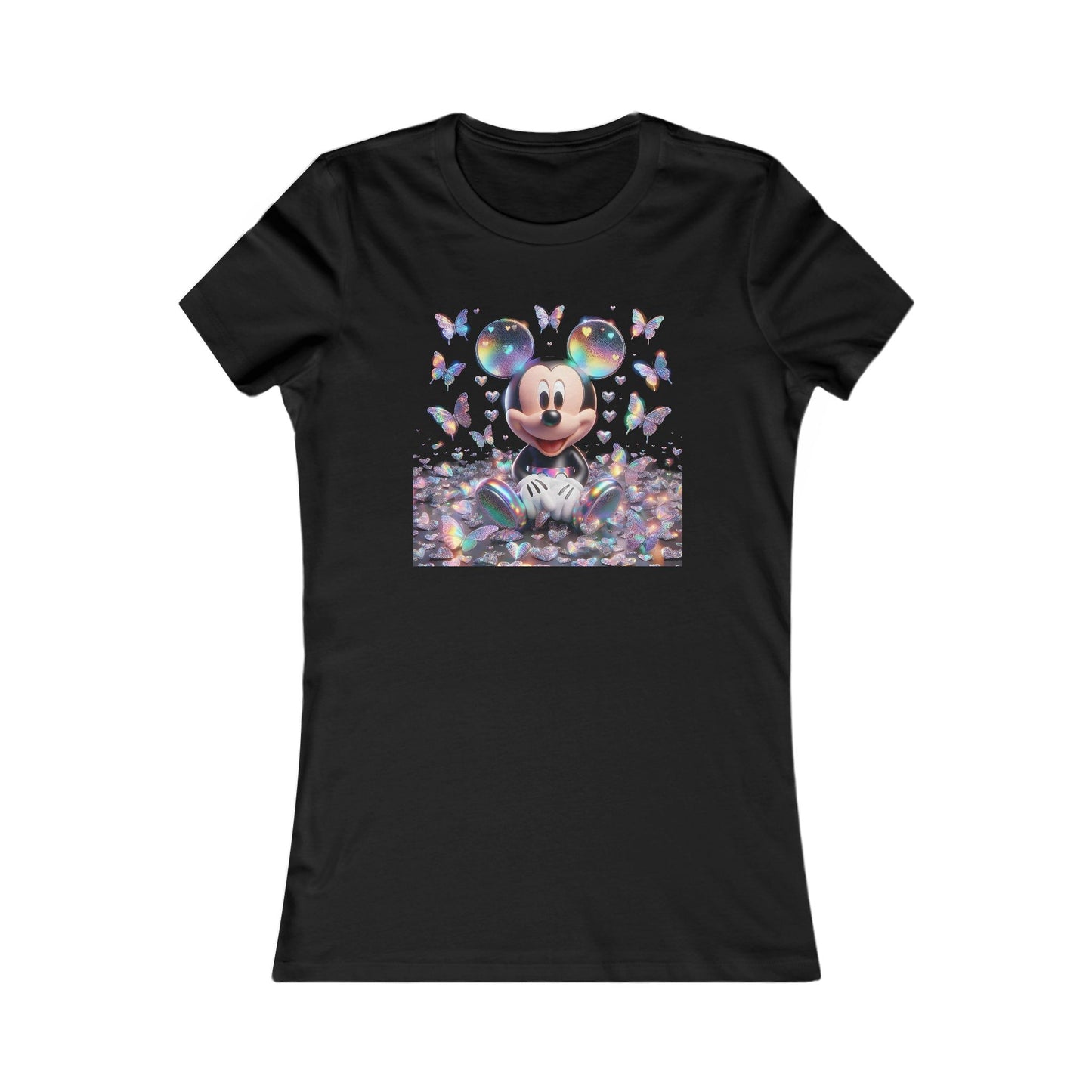 Iridescent Mickey Mouse Women's Cotton T-Shirt Tee featuring a whimsical graphic of Mickey Mouse surrounded by colourful butterflies on a black background, ideal for stylish casual wear.