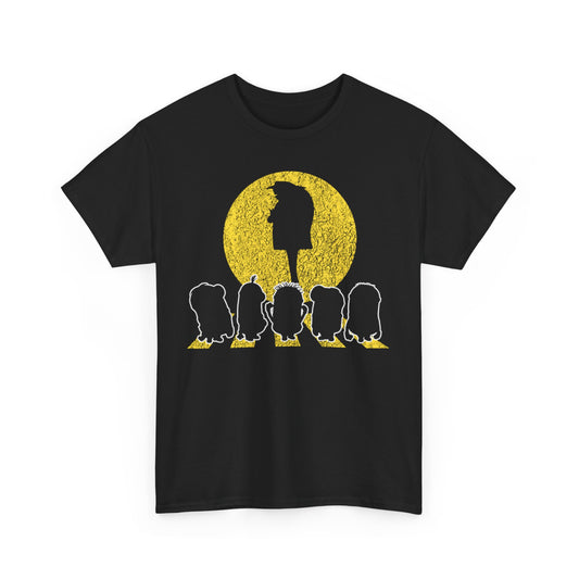 Stylish Gru and the Minions Unisex Men's Women's Graphic T Shirt Tee displaying an eye-catching silhouette of Gru with minions set against a bright yellow circle. Ideal for anyone wanting to add a funny touch to their wardrobe, this T Shirt highlights the charm of the Minions.