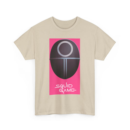 Elegant Squid Game Unisex Men's Women's Graphic Cotton T Shirt showcasing a striking game mask illustration, ideal for contemporary urban attire in a neutral beige shade.