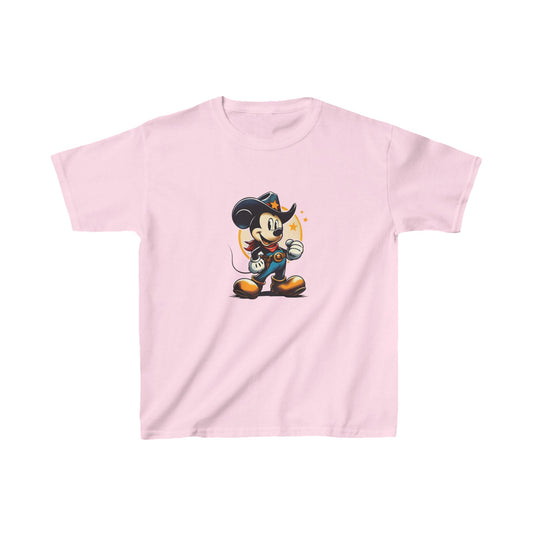 Luxurious unisex kids cotton T-shirt featuring a vibrant illustration of Mickey Mouse in a playful cowboy outfit, set against a soft pink background, perfect for stylish young adventurers.