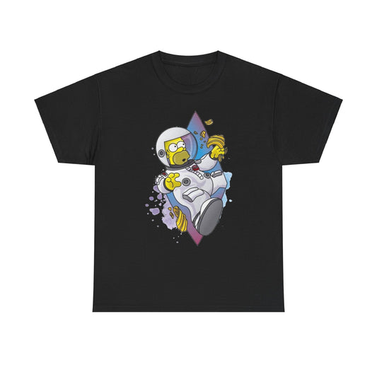 Premium unisex t-shirt design displaying Homer Simpson in an astronaut suit, capturing a moment of playful levity as he snacks in space. The graphic highlights a blend of softness in the colourful background with abstract shapes, making it a perfect choice for those who appreciate unique and fun fashion statements.