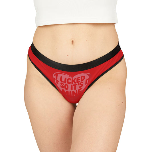 Valentines Naughty Gift Cheeky Womens Thong featuring bold red design with the playful slogan 'I Licked It So It’s Mine', ideal for romantic occasions like birthdays and anniversaries.