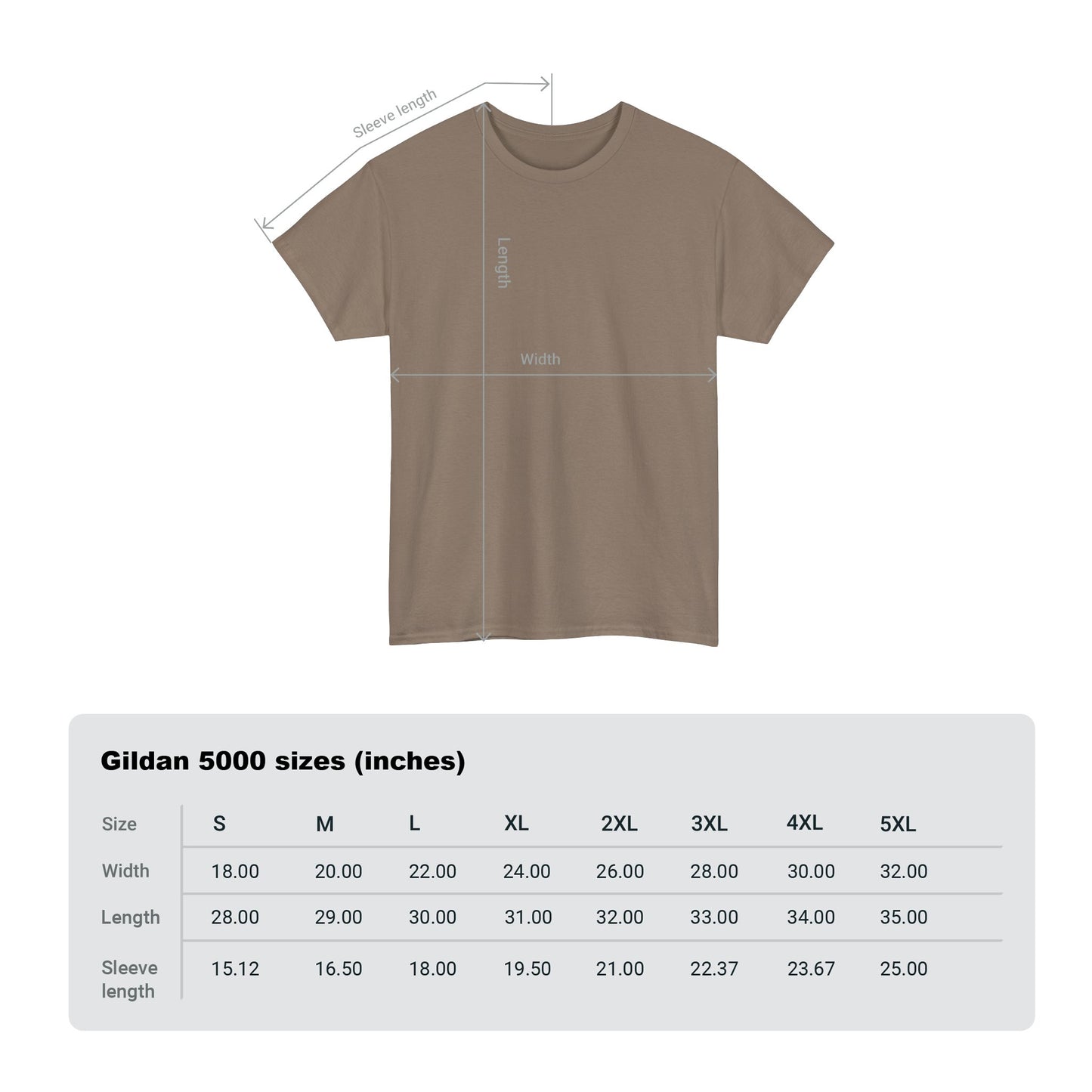 Gildan 5000 T-shirt size chart displaying dimensions for the luxurious Fiesta Mexican R2D2 unisex graphic tee, ensuring the perfect fit for any occasion.