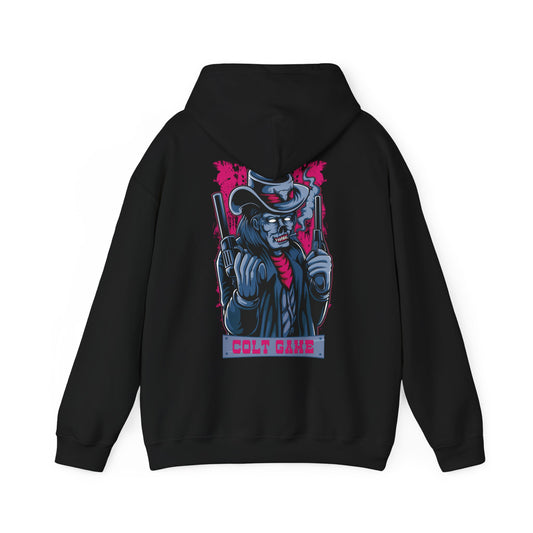 Empowered Sheriff Back Print Hoodie in sophisticated black showcasing a captivating graphic of a daring cowboy character, accented with vivid pink elements and the words 'COLT GAME'. A perfect blend of rugged charm and luxurious fashion for standout style.