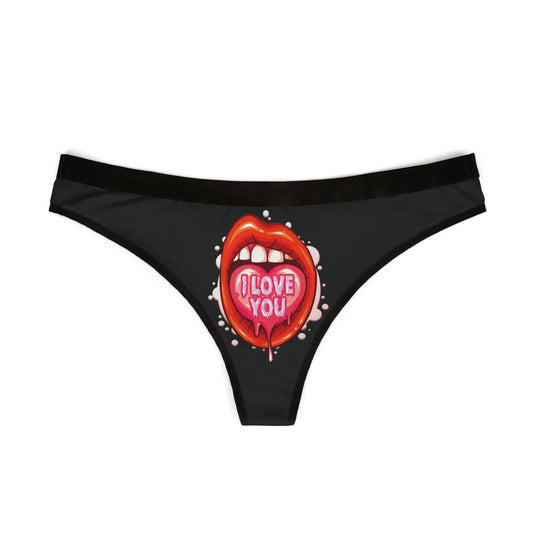 Stylish women's thong displaying a striking design of a mouth and heart, embodying playful romance ideal for special gifts and intimate celebrations.