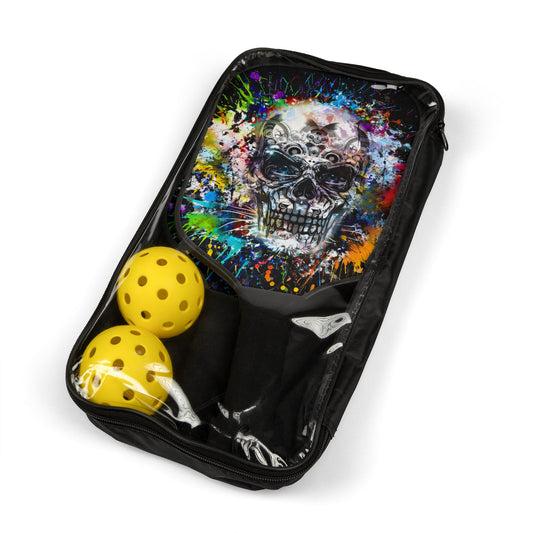 Urban Splash Skull Pickleball Kit in a sleek carrying case showcasing two premium paddles with striking skull designs and yellow balls, perfect for on-the-go gameplay.