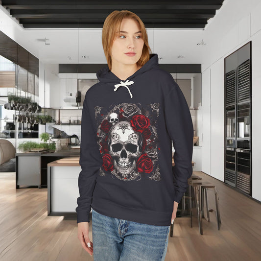 Stylish Unisex Lightweight Hooded Sweatshirt with a striking skull and roses design, showcased by a model in a contemporary kitchen.