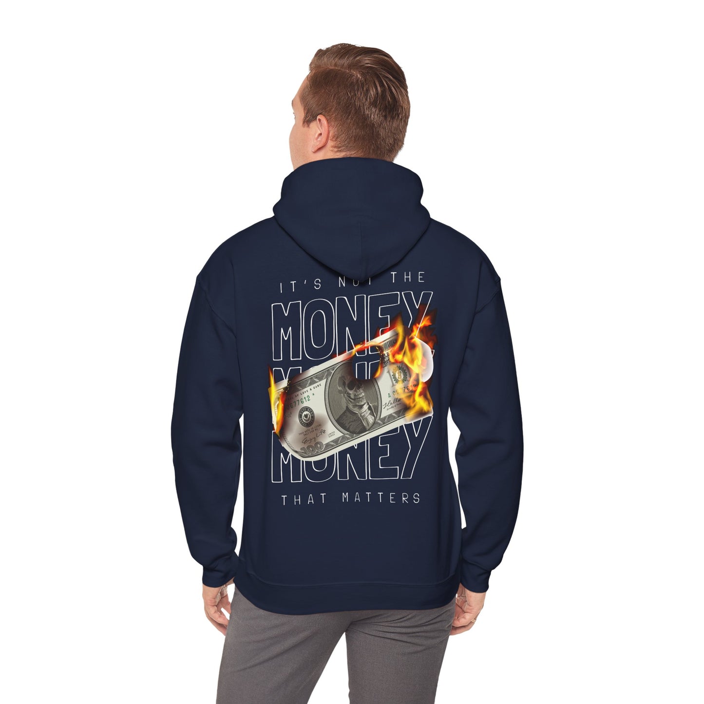 Luxury bold back print hoodie featuring the striking 'IT'S NOT THE MONEY' graphic design, showcasing a flaming US dollar bill and edgy slogan that captivates attention.