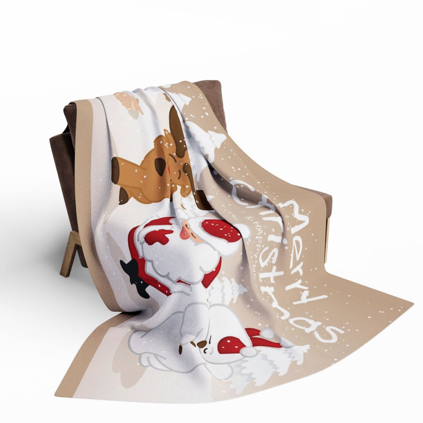 Decorative and Warm Christmas Arctic Fleece Blanket draped over a chair, featuring charming holiday illustrations, ideal for creating a cozy and festive atmosphere this winter season.