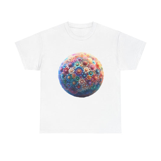Iridescent Floral Sphere Unisex Cotton Tee Graphic T Shirt in white, featuring an exquisite floral sphere design that captures light beautifully for a sophisticated look.