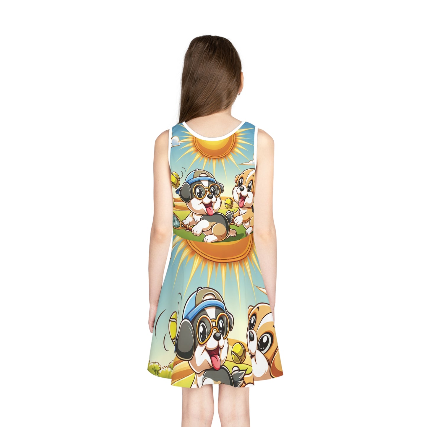 Charming image of Sophie Bellevue Girls Summer Sundress with animated puppy tennis artwork, ideal for summer outfits by Dazzling Dreams Studio.