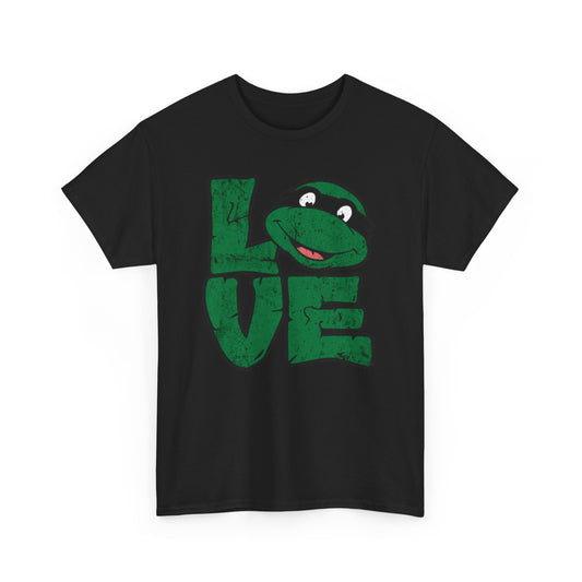 TMNT Love Unisex Mens Womens Graphic Funny T Shirt Tee Urban featuring playful green typography with a turtle face incorporated into the design.
