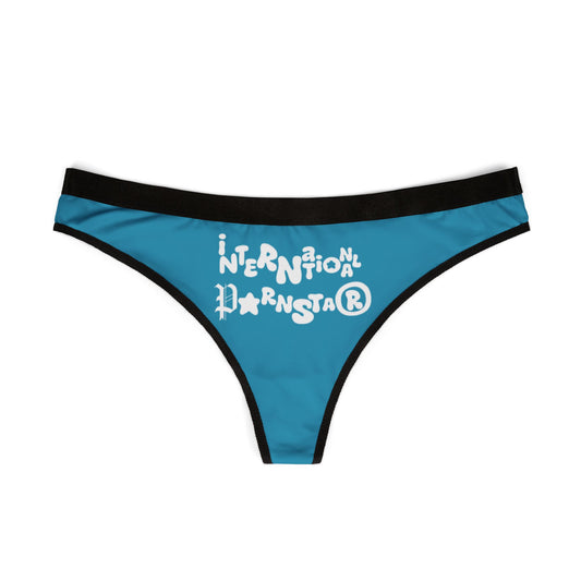 Artistic view of the Cheeky Thong in blue with playful lettering, combining luxury and allure for the confident woman.
