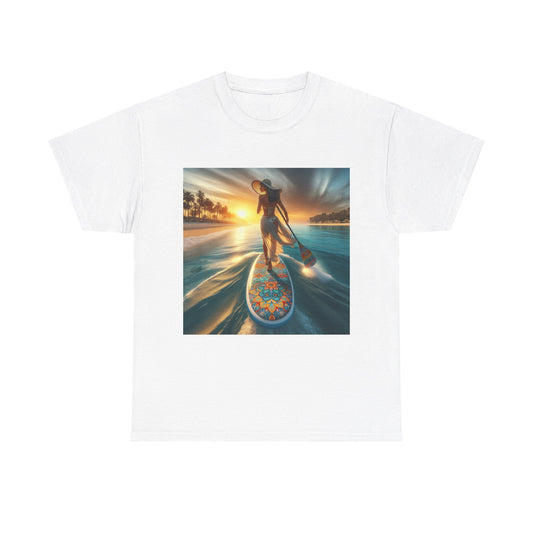 Luxury Paddle Board T-Shirt for Enthusiasts showcasing a beautiful illustration of a paddleboarder at dusk, perfect for water adventures and outdoor activities.