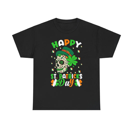 St Patricks Day Unisex Men's Women's Graphic Cotton Funny T Shirt Tee featuring a vibrant sugar skull design with shamrocks and bold ‘HAPPY ST. PATRICKS DAY’ text, perfect for festive celebrations.