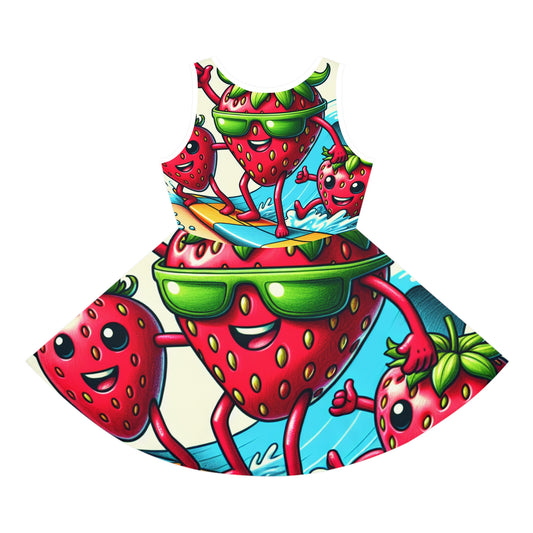Sophia Marigold Girls Summer Sundress showcasing a delightful, colourful design with charming strawberries, ideal for summer fun and fashion.