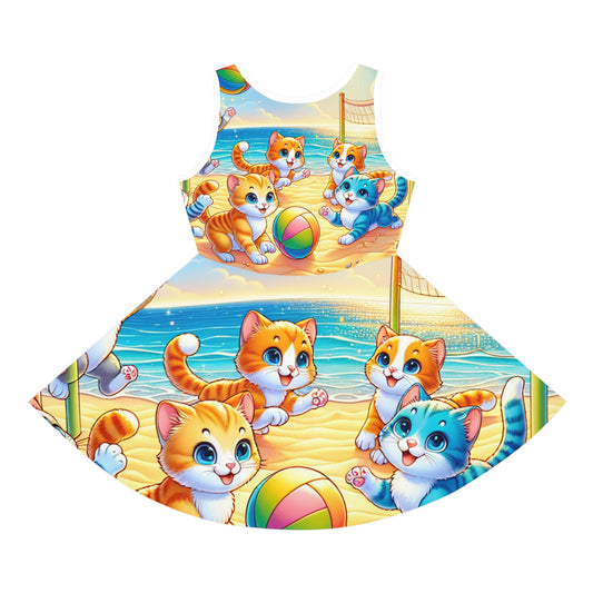 Charming Sophie Littletrends Toddler Girls Beach Volleyball Sundress adorned with vibrant illustrations of kittens playing on the beach, ideal for sunny adventures.
