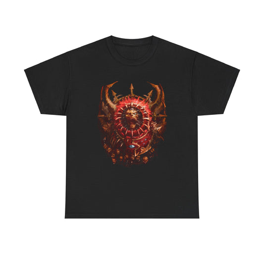 Premium quality unisex cotton t-shirt displaying a captivating Warhammer graphic, adorned with a striking shield and an eye-catching skull motif, perfect for fantasy enthusiasts.