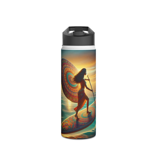 Elegant Fantasy Paddleboarding Stainless Steel Water Bottle showcasing a striking paddleboarder design against a stunning sunset, perfect for outdoor enthusiasts who value both functionality and aesthetics.