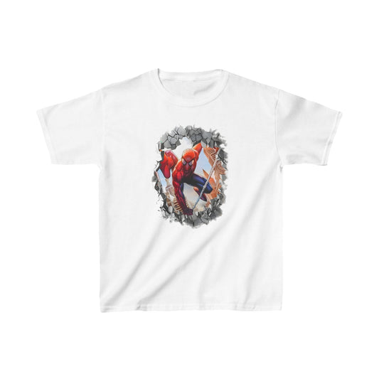 Elegant Unisex Kids Spider-Man Cotton T-Shirt in white featuring a bold Spider-Man design emerging from cracked wall, ideal for stylish youths.