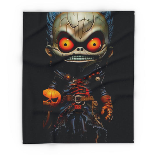 Glamorous Decorative and Warm Halloween Spooky Arctic Fleece Blanket displaying an eerie character with glowing orange eyes, ideal for those who appreciate stylish Halloween-themed accents.