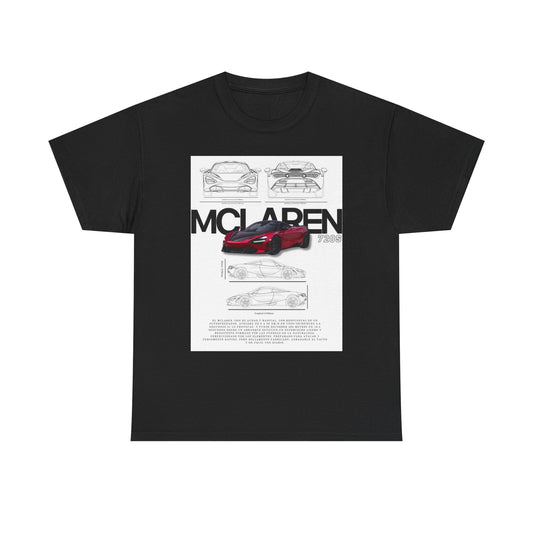 Elegant McLaren 720S T-Shirt in black, showcasing detailed sketches and artistic representation of the iconic car, ideal for sophisticated style.
