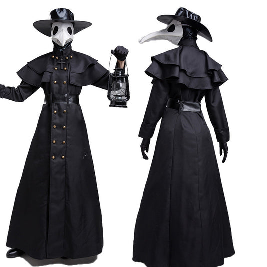 Halloween Dark Dungeon Hero Costume featuring a black Plague Doctor outfit with a distinctive crow mouth mask, lantern in hand, and sophisticated design for elegant Halloween festivities.