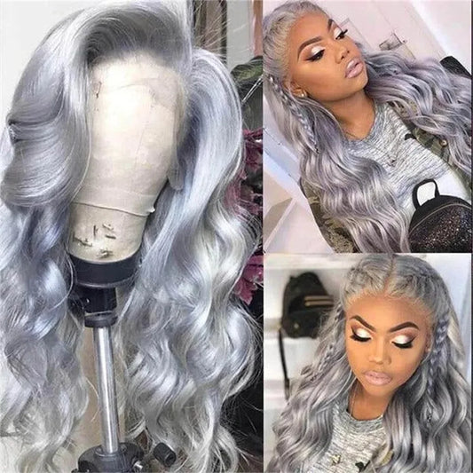 Luxury 26-inch silver grey body wave HD lace front wig showcasing natural hairline and rich texture, perfect for elegant styling.