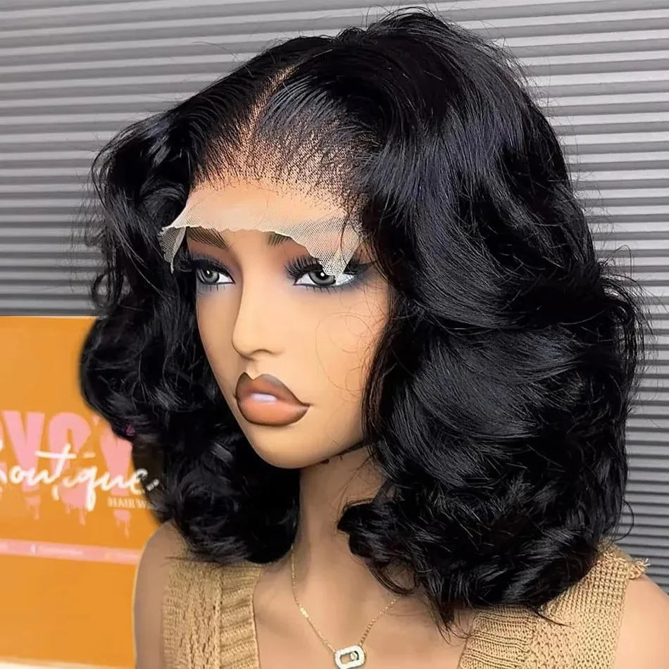 Luxury 14-16 inch Brazilian Remy human hair wig featuring a body wave texture with a transparent HD lace frontal, perfect for an elegant and natural look.