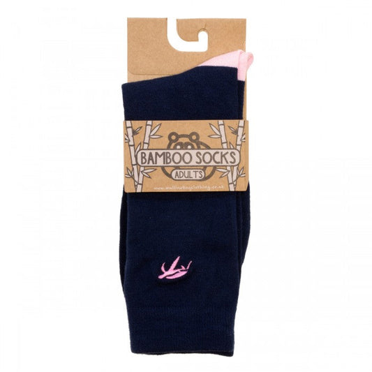 Close-up view of luxurious navy and pink bamboo socks, highlighting the fine texture and antibacterial properties for healthier, fresher feet.