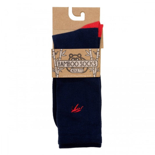 Elegant display of luxury children's bamboo socks featuring a navy and red design, promoting all-day comfort and natural freshness.