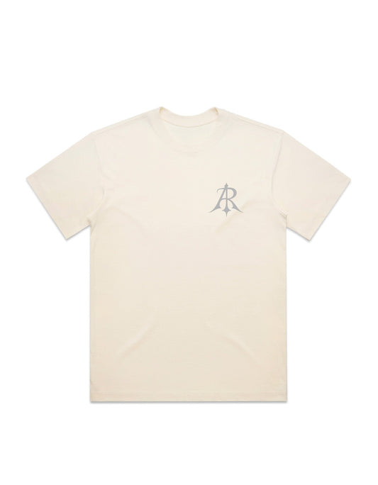 Delicate detailing on the Crest Box T-Shirt, showcasing the elegant design by Anchor and Rose Apparel, with wide neck ribbing and dropped shoulders for added sophistication.