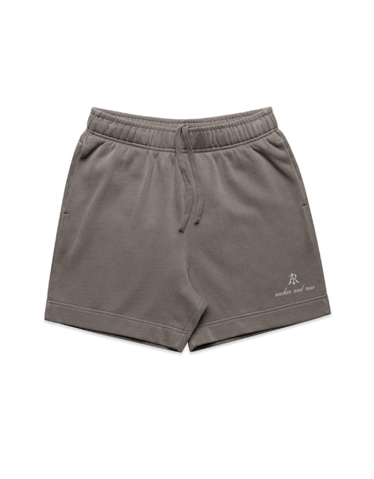 Luxury relaxed fit script faded sweat shorts by Anchor and Rose Apparel featuring an elasticated waistband and stylish side pockets.