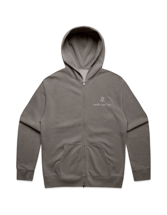 Close-up view of Anchor and Rose Apparel's Luxury Faded Relax Zip Hoodie, showcasing the soft mid-weight CVC fleece fabric and stylish silver SBS zip.