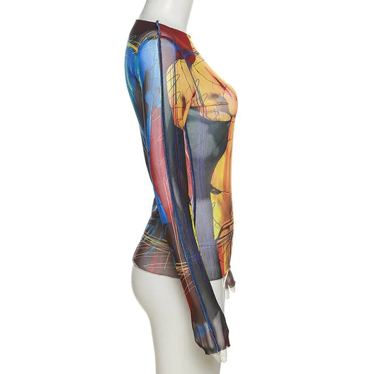 Side view of Women's fashion designer Work Of Art Print Mesh Tee showcasing vibrant artistic prints and luxurious mesh fabric.