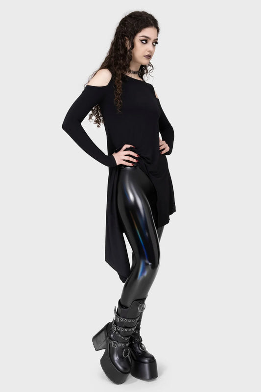 Close-up view of Killstar Darkwaves & Raves leggings showcasing the light-stretch PU material and elegant elasticated waistband for comfort and style.