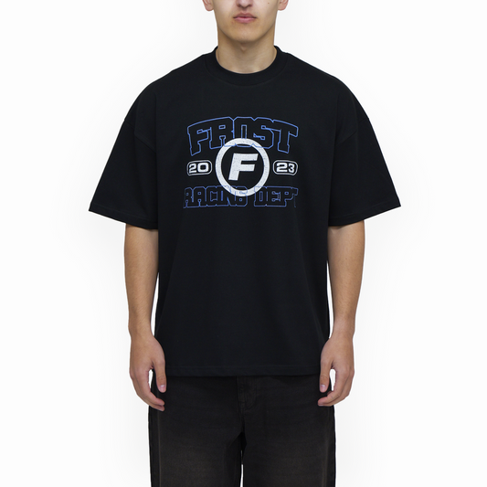 Close-up of FROST Racing Department black T-shirt fabric, highlighting the soft and heavyweight 100% cotton texture for a luxurious feel.