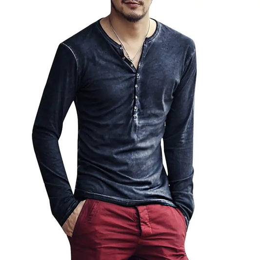 Men's Long Sleeve V-Neck Tee Shirt with Button Down Detail in dark colour, displaying a stylish and comfortable casual wear option.
