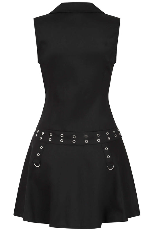 Side view of the Astrid Dress by Banned Apparel, highlighting decorative straps with silver buckles and structured collar, ideal for a stylish gothic look.