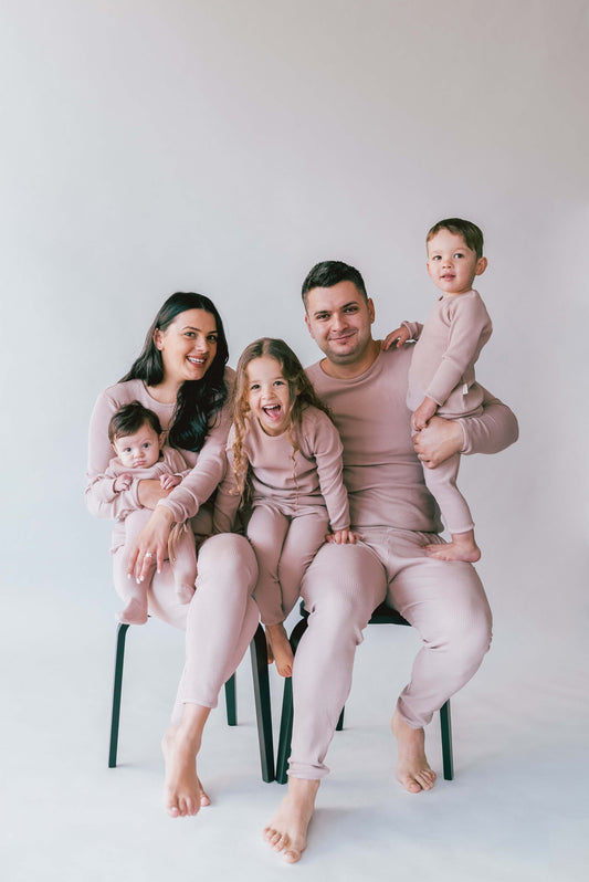 Elegant and minimalistic design of DreamBuy's luxury family matching pyjamas set, showcasing a comfortable long-sleeved blouse and drawstring pants in a luxurious velvet mocha colour.