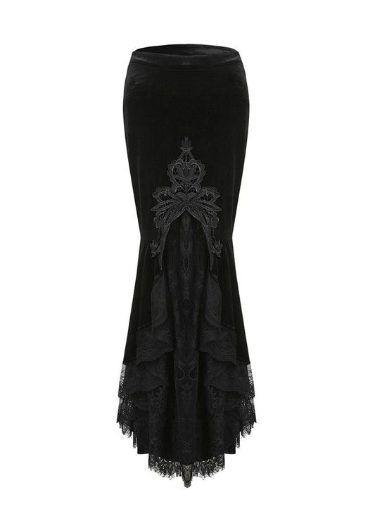 Dark In Love Cordelia Fishtail Skirt in Black Velvet with Lace Detailing - 42" Length