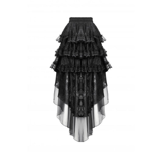 Elegant high-low design of the Belladonna Skirt, featuring dramatic cascading layers of lace and mesh ruffles.