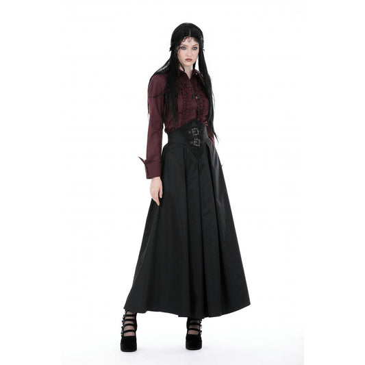 Dramatic view of the high-waisted pleated maxi skirt, accentuating its flattering silhouette and luxurious fabric ideal for gothic and vintage-inspired fashion.