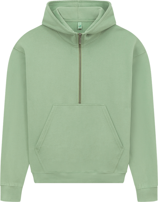 Luxurious detail of the half-zip design on Women's Organic Cotton Hoodie, accentuating style and versatility.