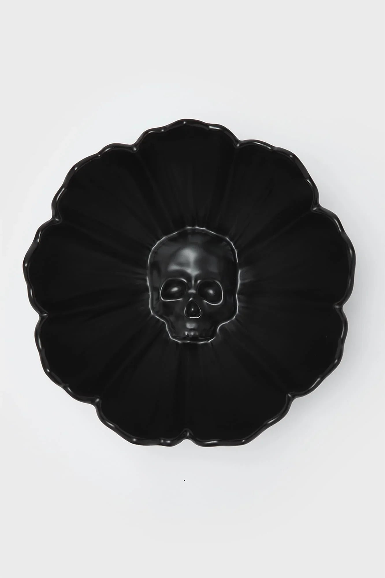 Elegant Killstar Grim Blossom ceramic bowl featuring a gothic floral skull design in matte black, perfect for serving or decorative display in a luxurious gothic kitchen.