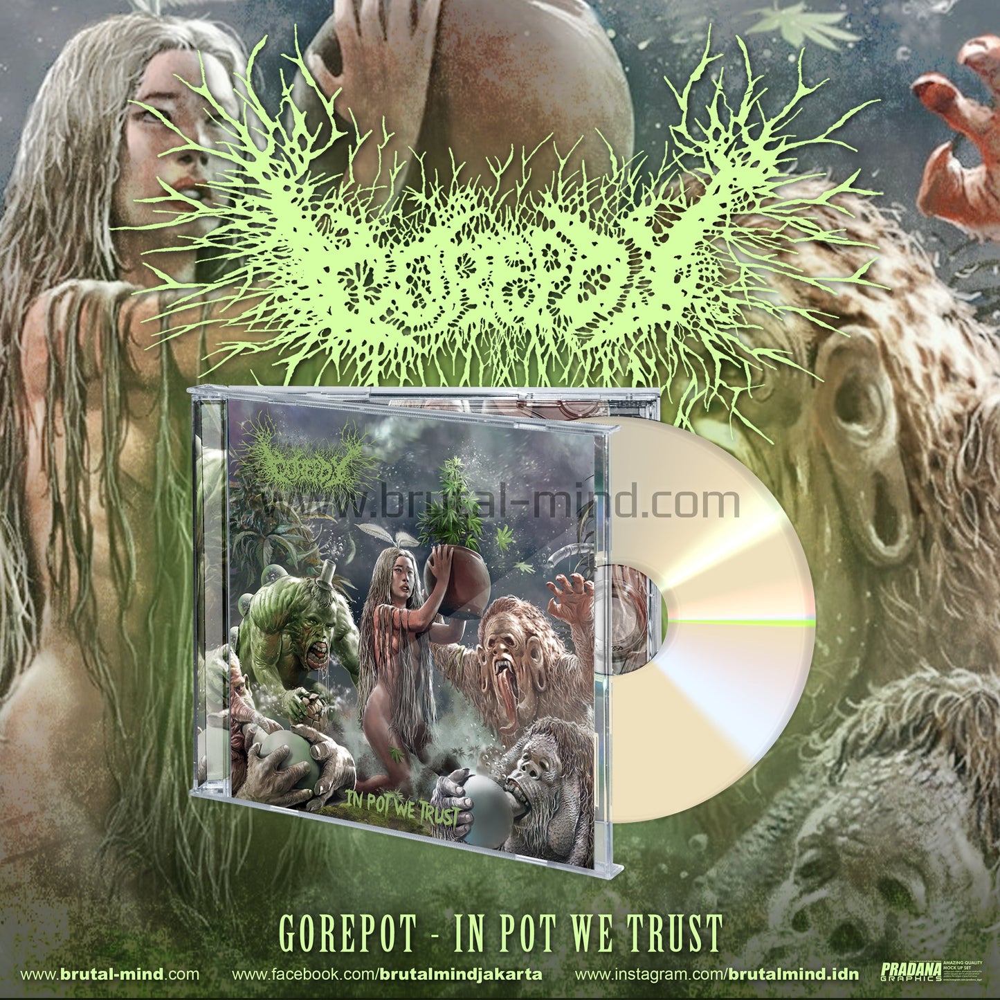 Gorepot - In Pot We Trust CD, an officially licensed death metal album from Rancid Offal Records showcasing the unique blend of sounds and styles, perfect for any discerning music collector.