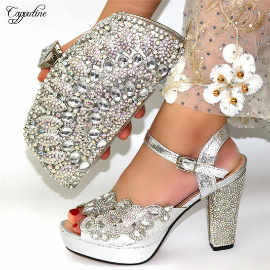 Sophisticated gold clutch bag designed to complement luxury high heel sandals, ideal for special occasions and evening events.