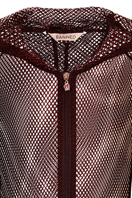 Banned Apparel Liora Red Metallic Fishnet Hoodie elegantly displayed featuring a skull-shaped zipper pull, showcasing its gothic style and luxurious metallic finish.