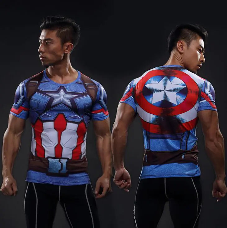 Elegant men's superhero t-shirt with a Captain America design, showcased in front and back views, perfect for fashion-forward athletic wear.
